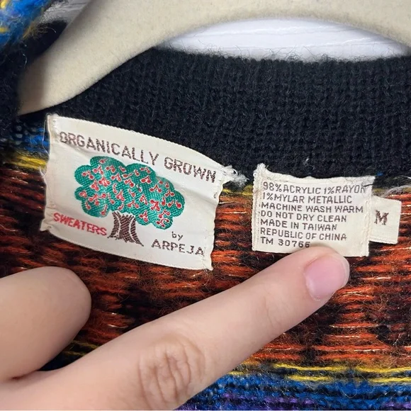 Vintage Boho 70’s Open Front Geo Knit Mid Long Cardigan Duster Sweater Sz M - Picture 4 of 7